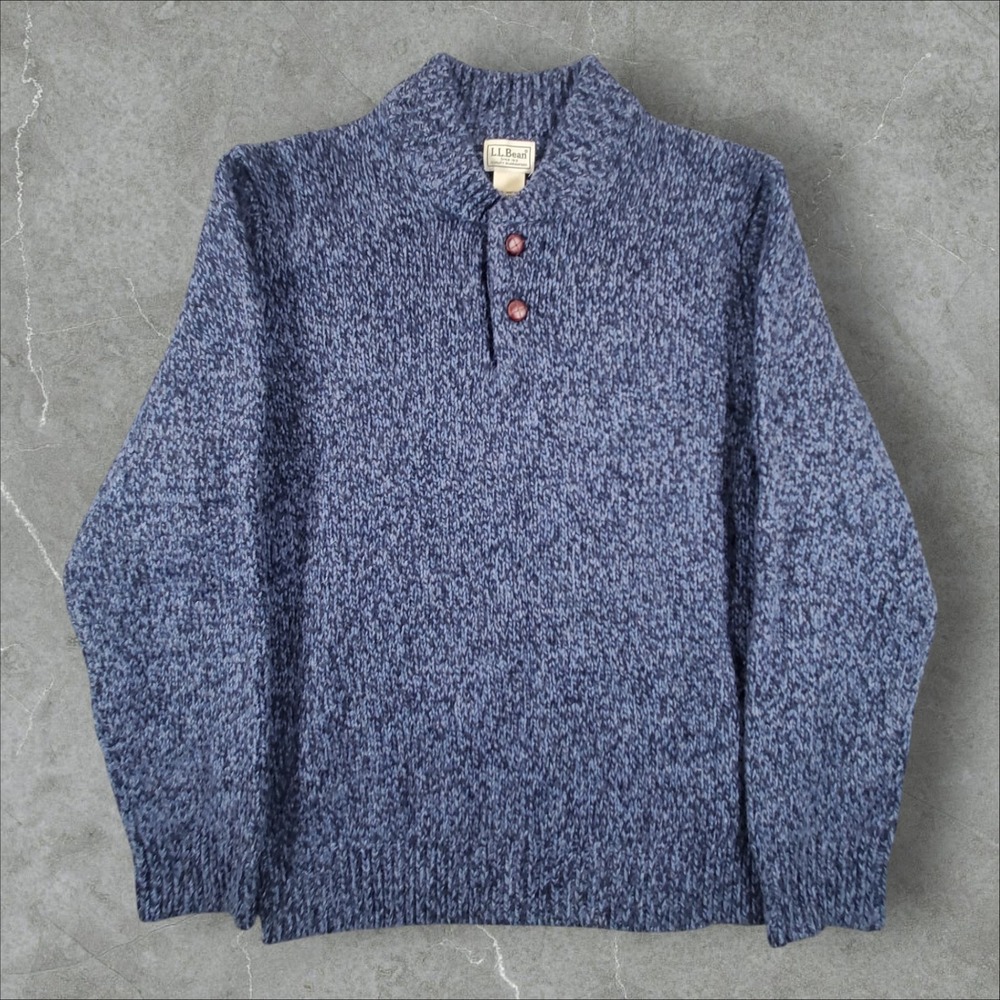 LL Bean Sweater Mens Medium Blue Ragg Lambswool Shawl Collar Button Knit 285174